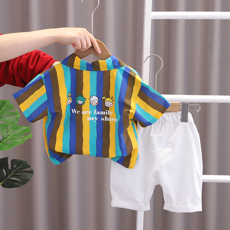 Printed T-shirt and Shirt and Shorts Set