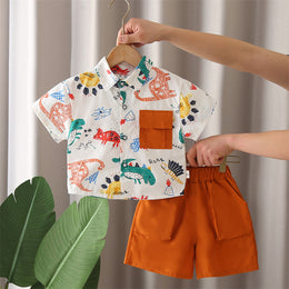 Boys Animal Printed Spread Collar Shirt With Shorts