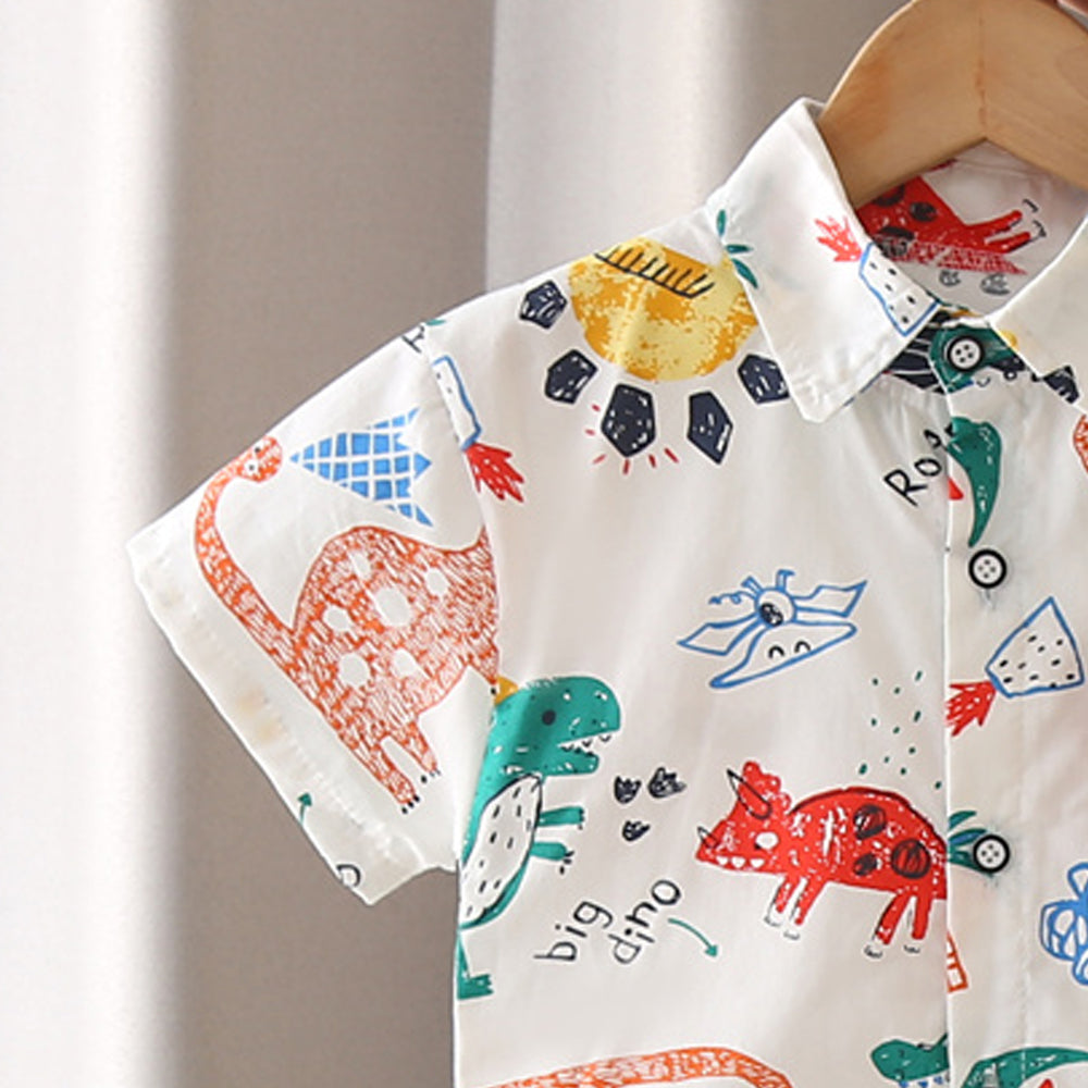 Boys Animal Printed Spread Collar Shirt With Shorts