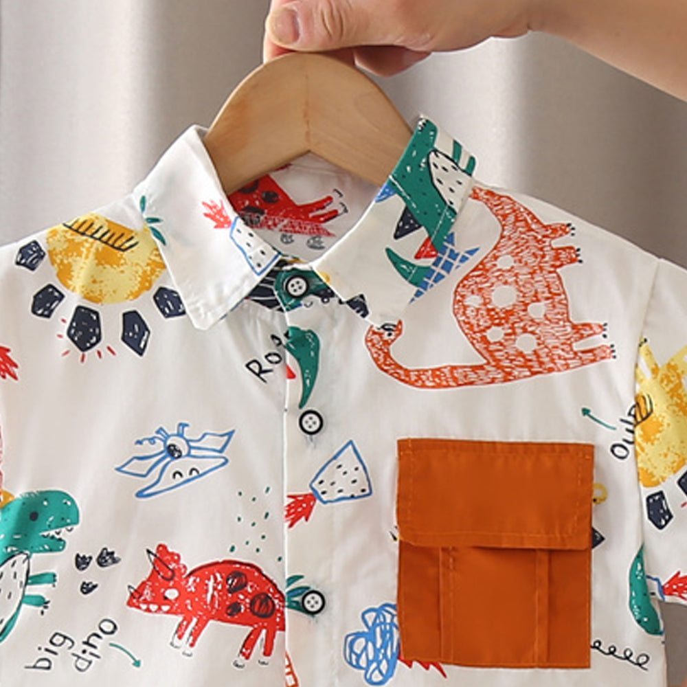 Boys Animal Printed Spread Collar Shirt With Shorts