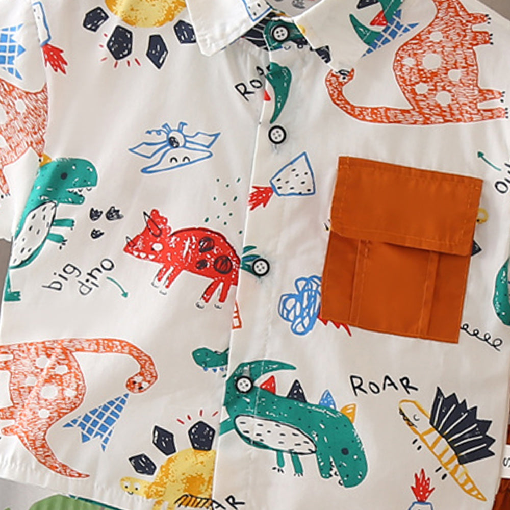 Boys Animal Printed Spread Collar Shirt With Shorts