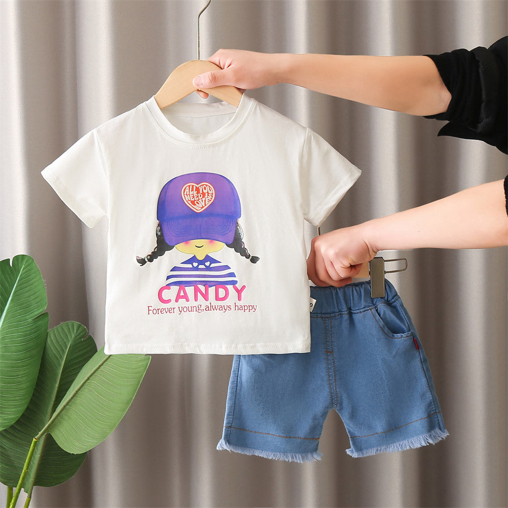 Girls Typography Printed Round Neck T-shirt With Shorts