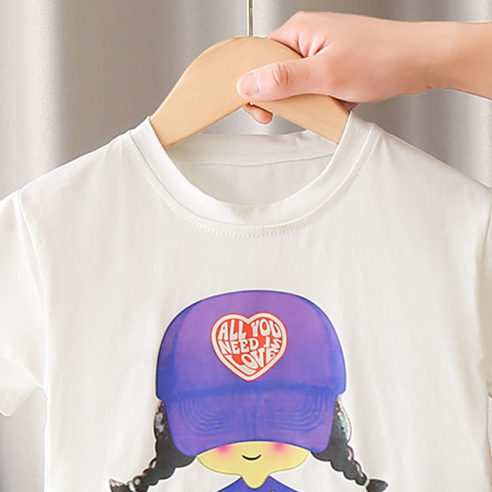 Girls Typography Printed Round Neck T-shirt With Shorts