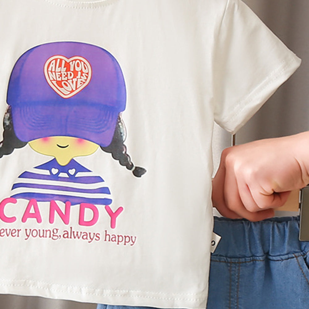 Girls Typography Printed Round Neck T-shirt With Shorts