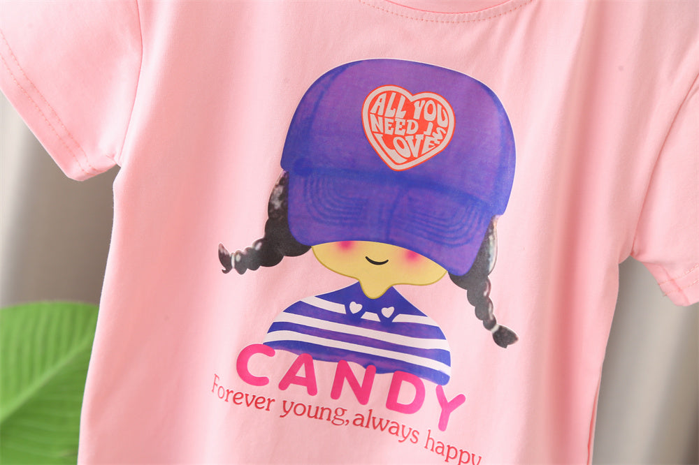 Girls Graphic Printed Round Neck T-shirt With Shorts