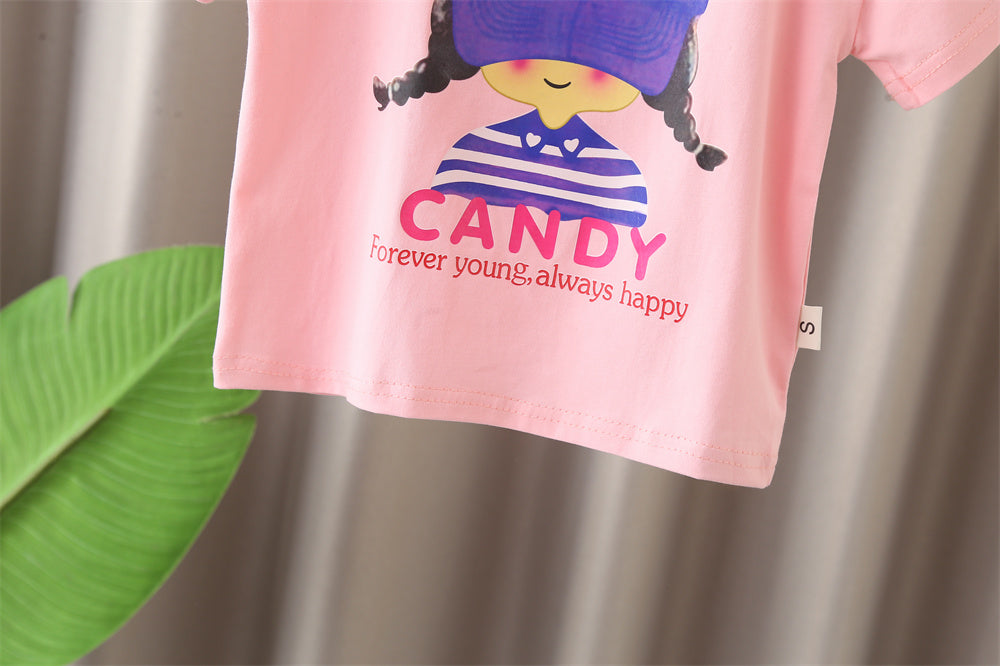 Girls Graphic Printed Round Neck T-shirt With Shorts