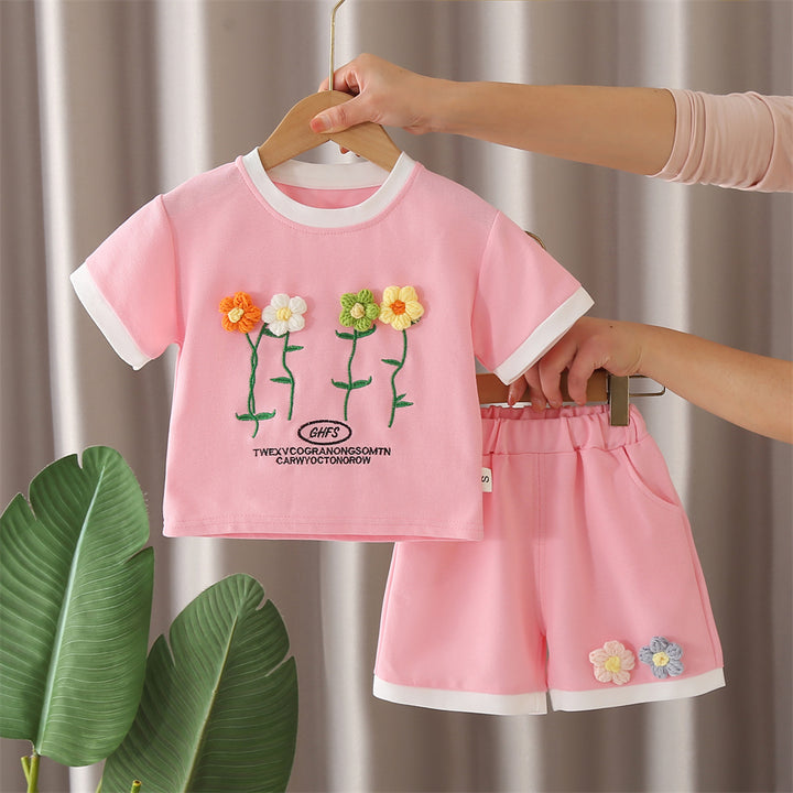 Girls Printed Round Neck Short Sleeves T-shirt With Shorts