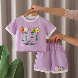 Girls Thread Work Round Neck T-shirt With Shorts