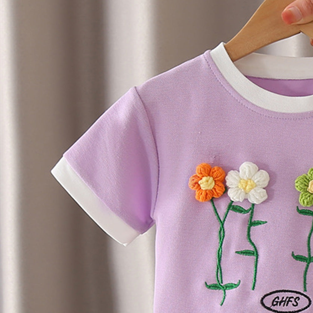 Girls Thread Work Round Neck T-shirt With Shorts