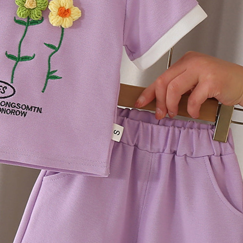Girls Thread Work Round Neck T-shirt With Shorts