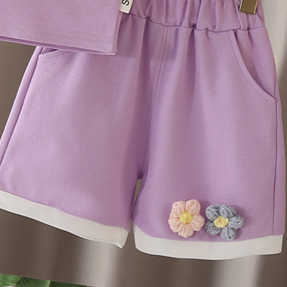 Girls Thread Work Round Neck T-shirt With Shorts