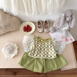 Girls Round Neck Printed Short Sleeves Pure Cotton Top With Shorts