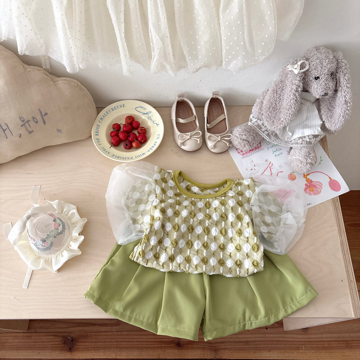Girls Round Neck Printed Short Sleeves Pure Cotton Top With Shorts