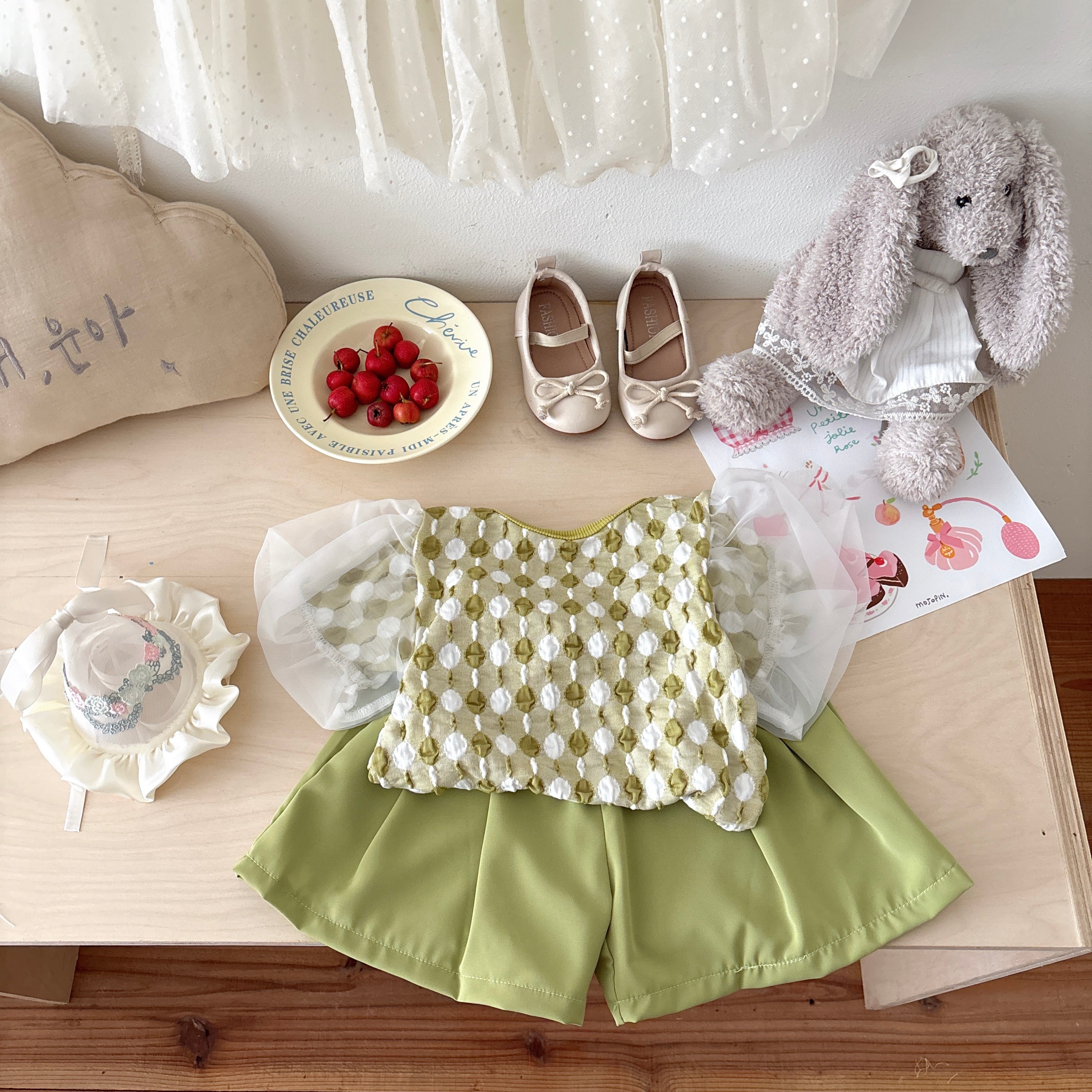 Girls Round Neck Printed Short Sleeves Pure Cotton Top With Shorts