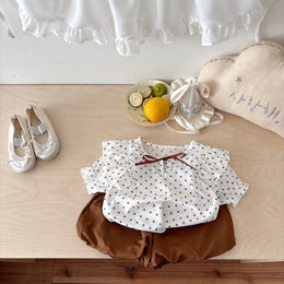 Girls Tie Up Neck Polka Dots Short Sleeves Pure Cotton Top With Shorts