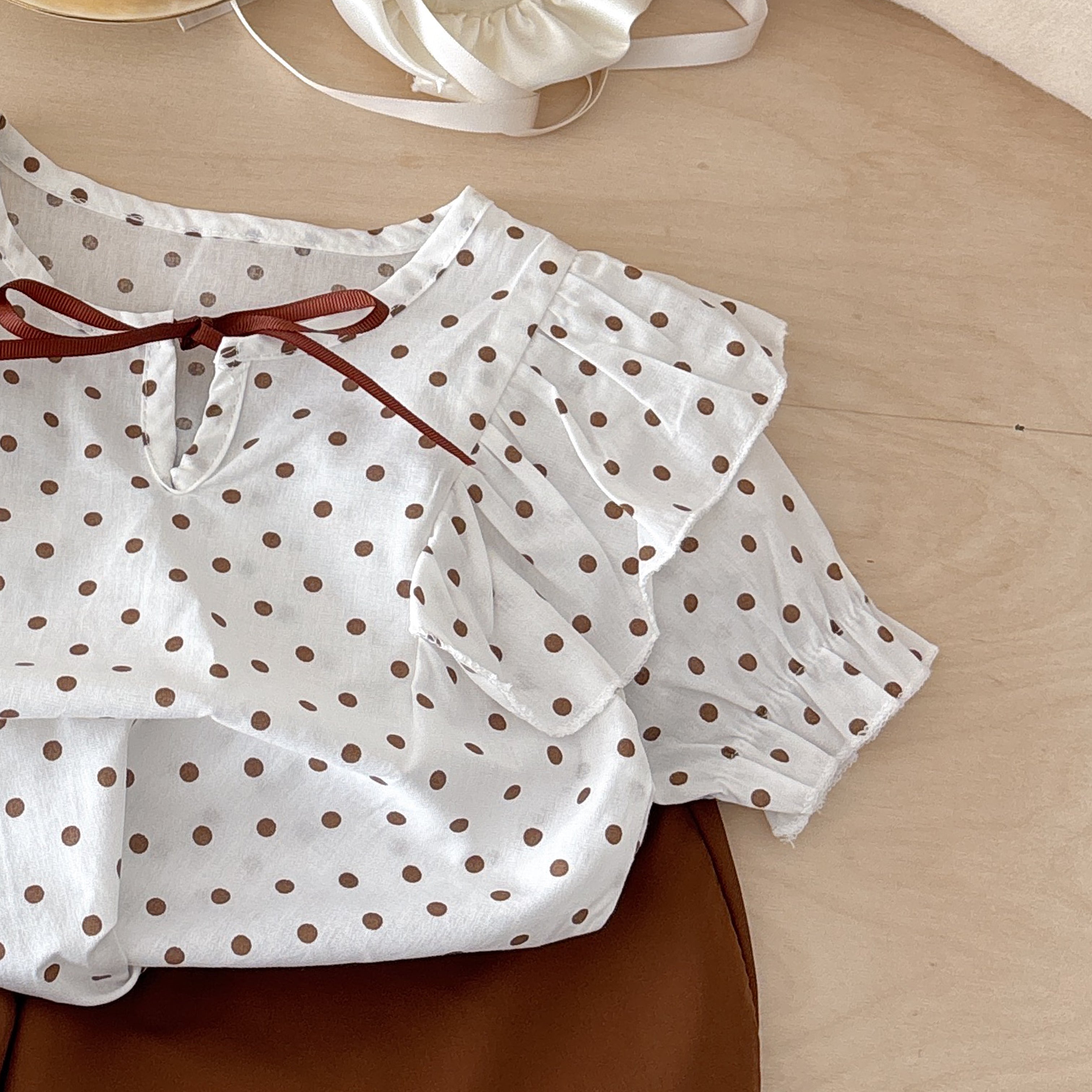 Girls Tie Up Neck Polka Dots Short Sleeves Pure Cotton Top With Shorts