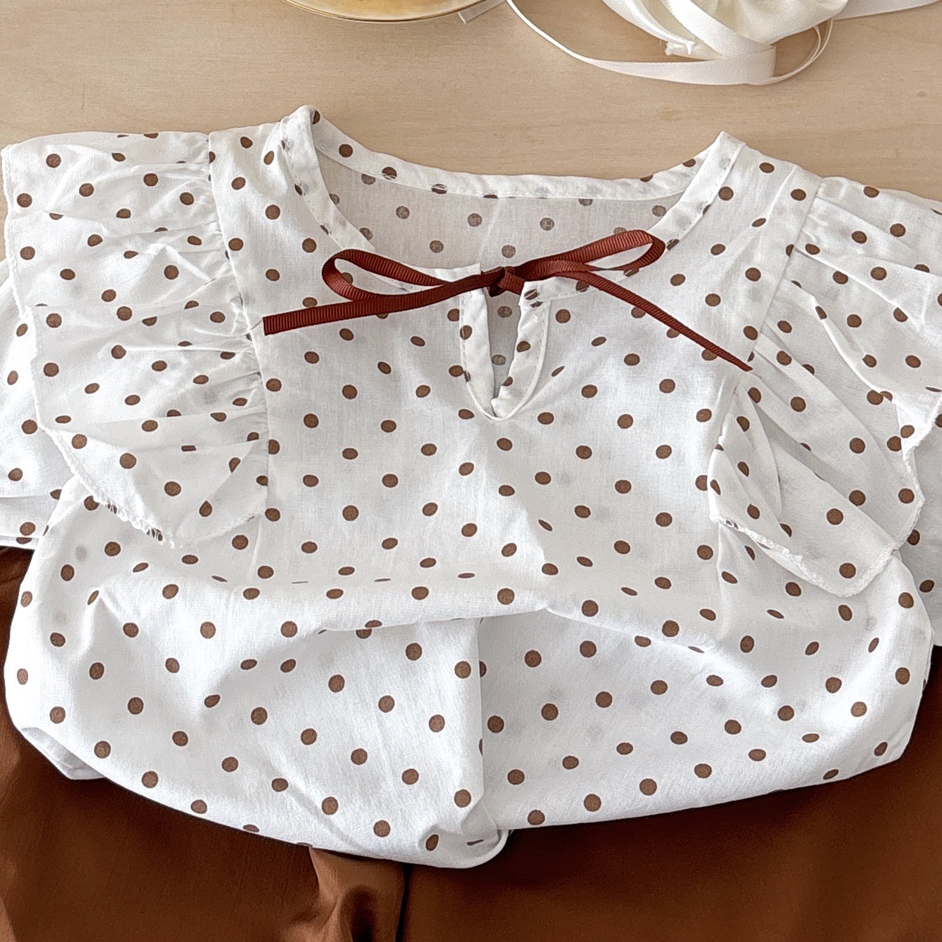 Girls Tie Up Neck Polka Dots Short Sleeves Pure Cotton Top With Shorts
