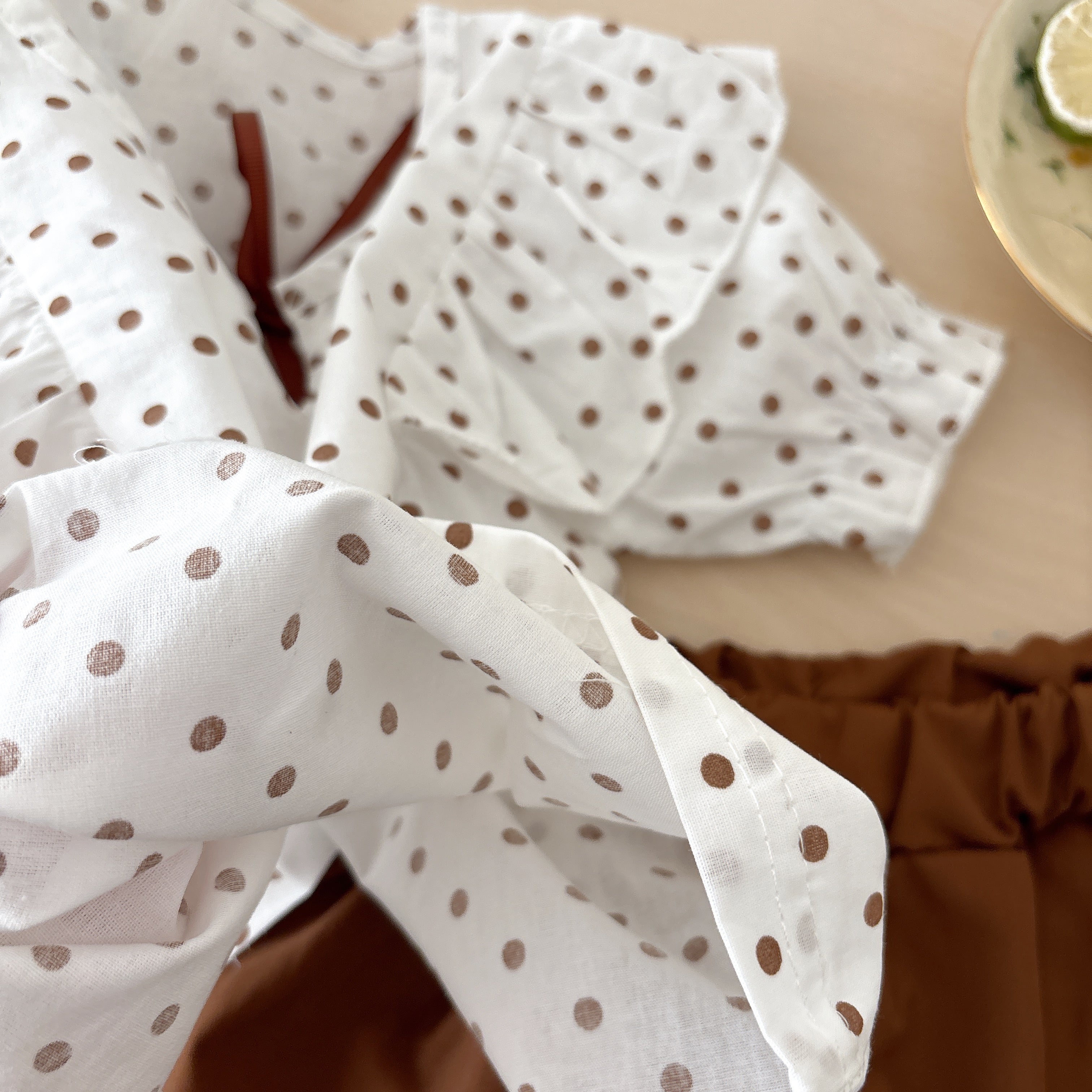 Girls Tie Up Neck Polka Dots Short Sleeves Pure Cotton Top With Shorts