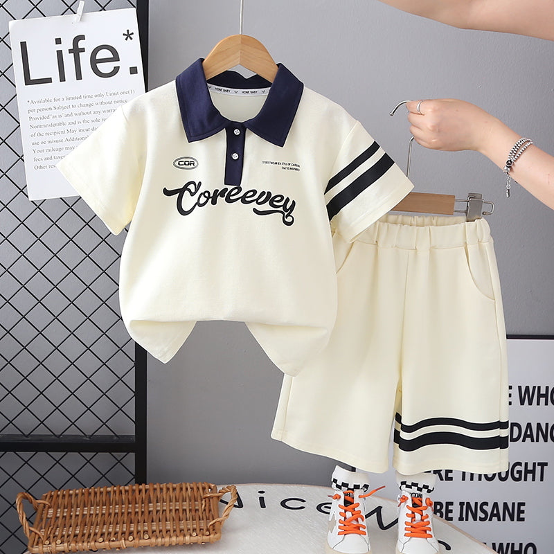 Boys Printed Polo Collar T-shirt With Shorts