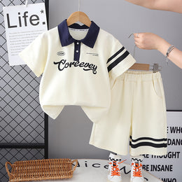 Boys Printed Polo Collar T-shirt With Shorts