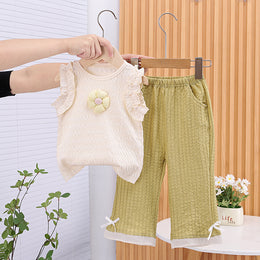 Girls Self Design Round Neck Top With Trousers