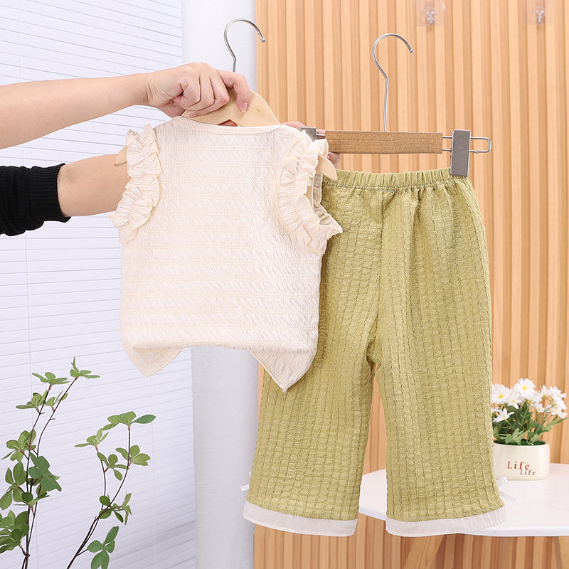 Girls Self Design Round Neck Top With Trousers