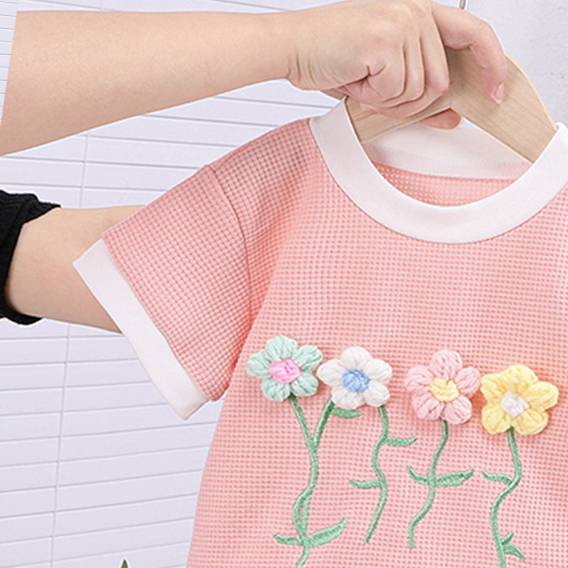 Girls Embroidered Short Sleeves  T-shirt With Shorts