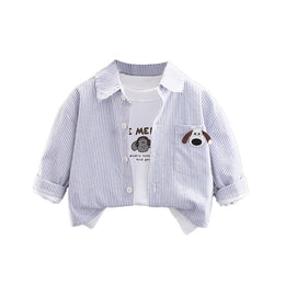 Boys Cutaway Collar Vertical Striped Cotton Casual Shirt