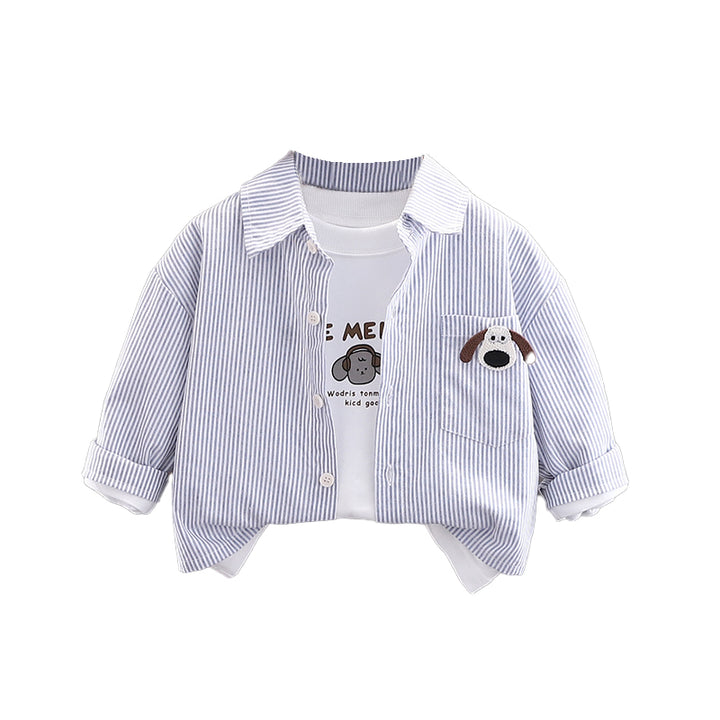 Boys Cutaway Collar Vertical Striped Cotton Casual Shirt