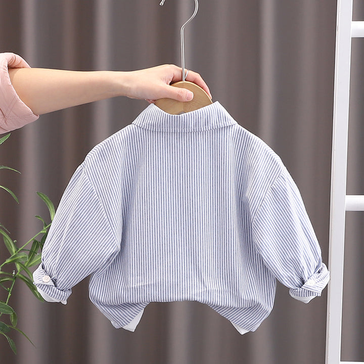 Boys Cutaway Collar Vertical Striped Cotton Casual Shirt