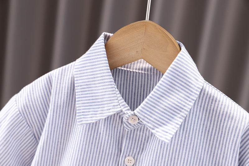 Boys Cutaway Collar Vertical Striped Cotton Casual Shirt