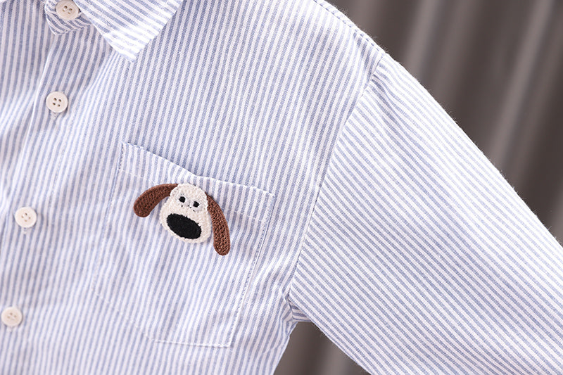 Boys Cutaway Collar Vertical Striped Cotton Casual Shirt