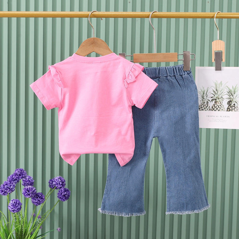 Girls Printed Round Neck T-shirt With Trousers