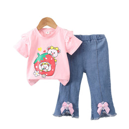 Girls Short Sleeves Printed T-shirt with Trousers