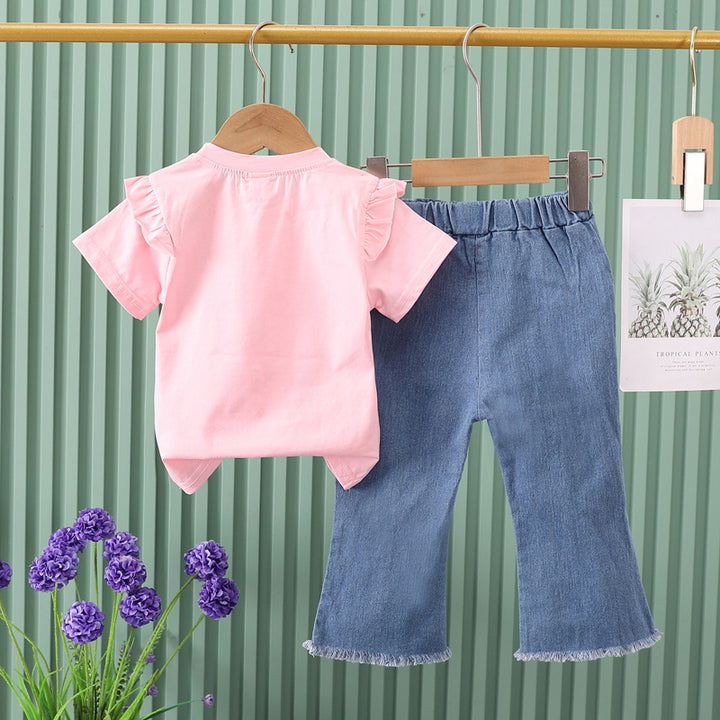 Girls Short Sleeves Printed T-shirt with Trousers