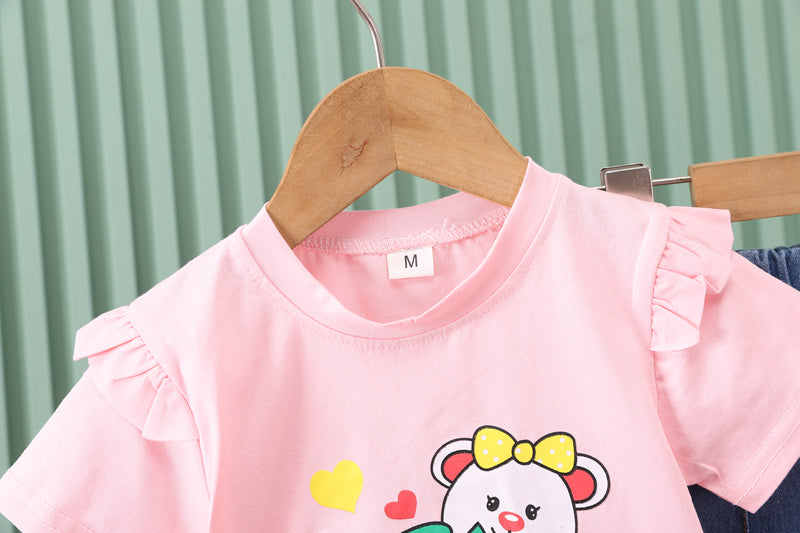 Girls Short Sleeves Printed T-shirt with Trousers