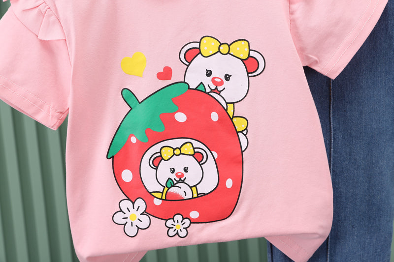 Girls Short Sleeves Printed T-shirt with Trousers