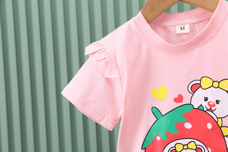 Girls Short Sleeves Printed T-shirt with Trousers