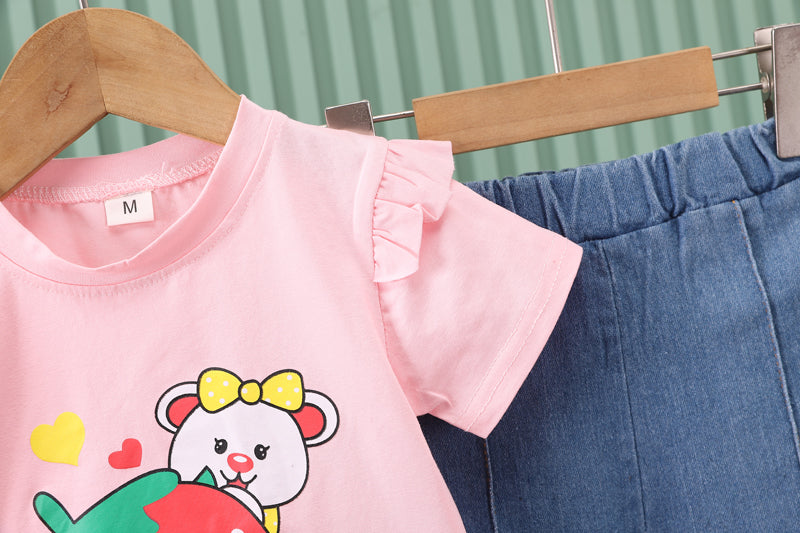Girls Short Sleeves Printed T-shirt with Trousers