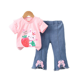 Pink Girls Printed T-shirt with Trousers