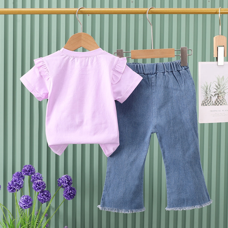 Girls Purple Graphic Printed T-shirt with Trousers