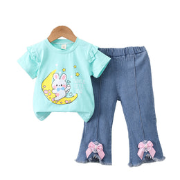 Girls Green Graphic Printed T-shirt with Trousers