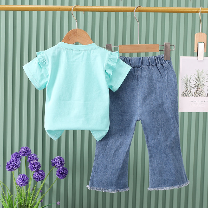 Girls Green Graphic Printed T-shirt with Trousers