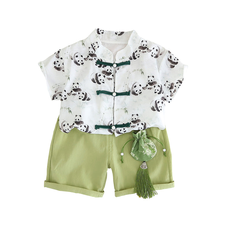 Boys Animal Printed Mandarin Collar Pure Cotton Shirt With Shorts