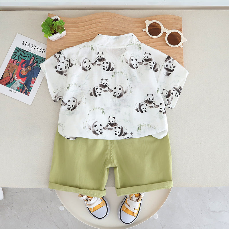 Boys Animal Printed Mandarin Collar Pure Cotton Shirt With Shorts