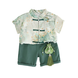 Boys Printed Shirt Collar Pure Cotton Shirt with Shorts