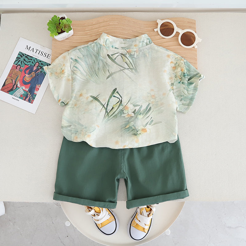 Boys Printed Shirt Collar Pure Cotton Shirt with Shorts