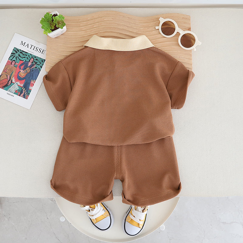 Infants Printed Shirt Collar Pure Cotton T-shirt With Shorts