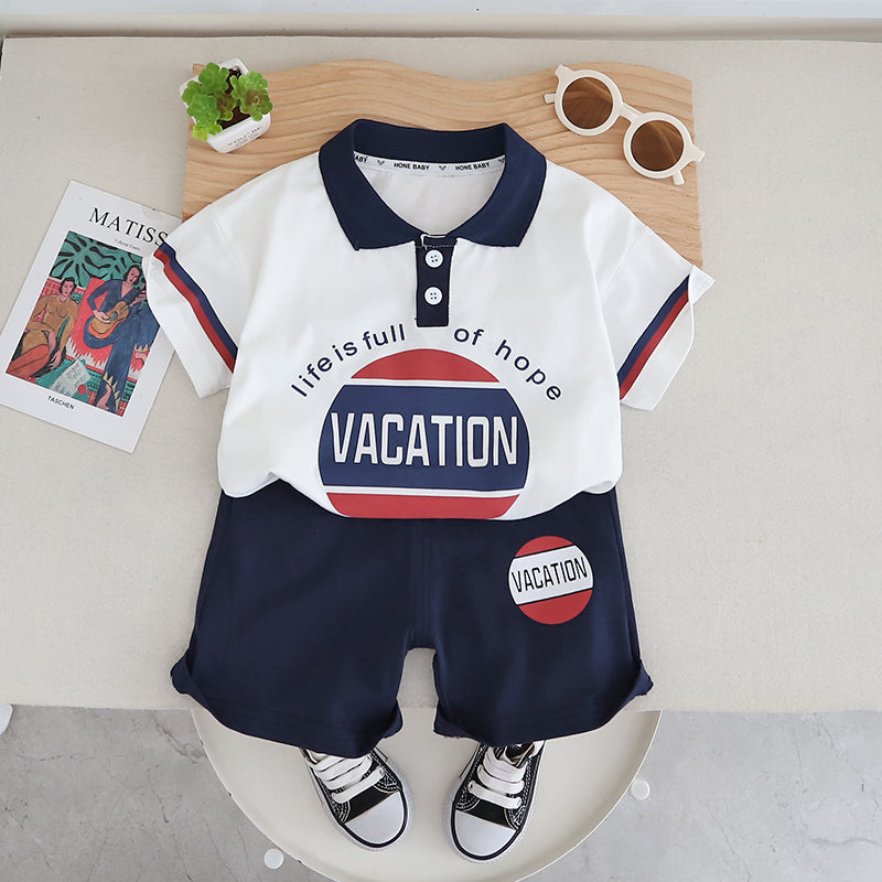 Boys Printed Polo Collar Pure Cotton T-shirt with Shorts