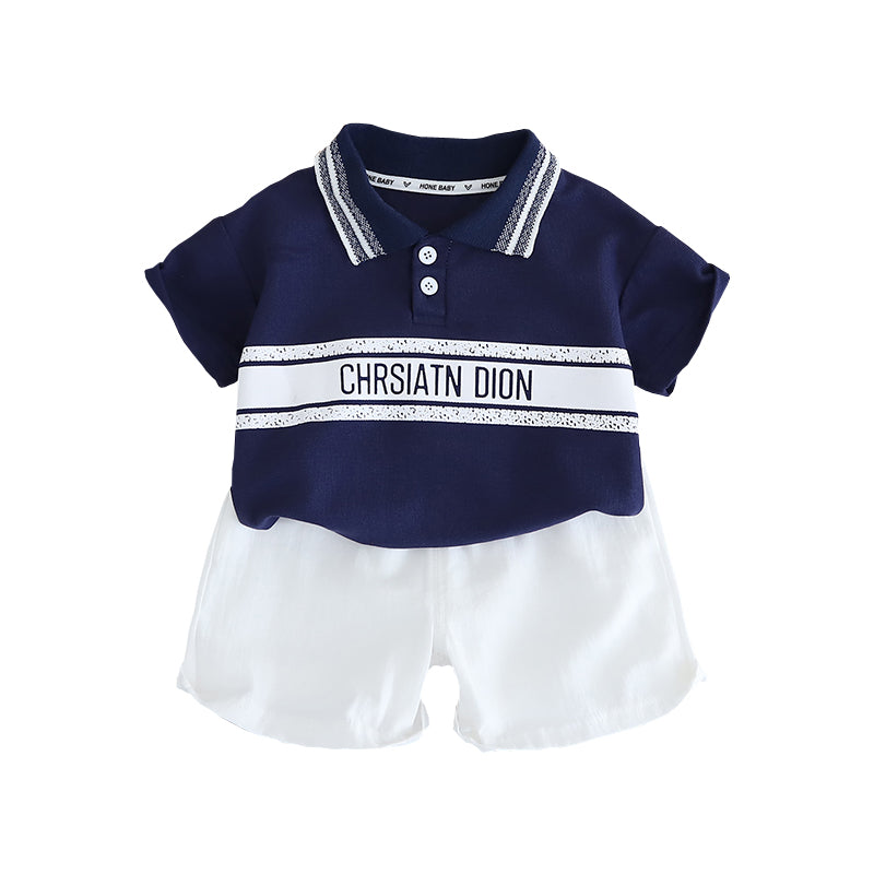 Infants Printed Polo Collar Pure Cotton T-shirt With Shorts